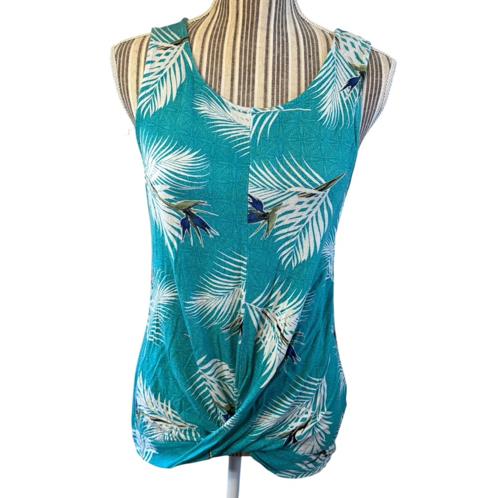 Apt. 9 Top Small Teal Tropical Palm Print White Blue Green Sleeveless Tank Rayon